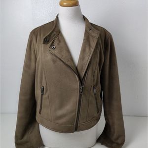 BANANA REPUBLIC banded-collar vegan suede moto jacket olive gray L